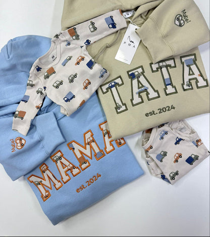 Bluza/hanorac personalizat/a prin broderie cu hainute de bebelus MAMA/ TATA/ BUNICA/ BICU